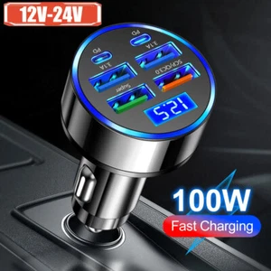 100W 6in1 Car Fast Charging Adapter Charger 12V/24V 4 USB + 2 PD QC 3.0 Charger - Picture 1 of 10