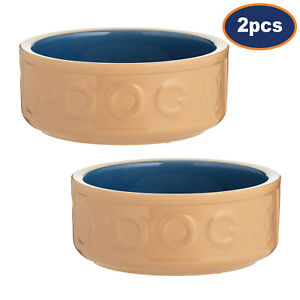 2Pcs Mason Cash 18 Stoneware Cane and Blue Lettered Dog Puppy Pet Feeding Bowl