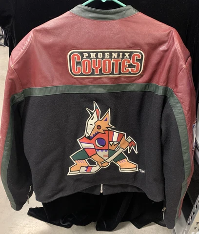 Vintage 1990s Jeff Hamilton Phoenix Coyotes NHL Wool and Leather Jacket XL USA Cover