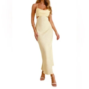 Hello Molly Fancy Brunch Date Maxi Dress Yellow Size 6 Linen blend Cutouts NEW - Picture 1 of 14