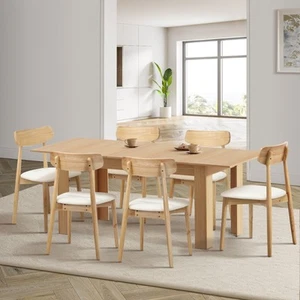 Oikiture 200cm Extendable Dining Table with 6x Dining Chairs PU Leather Natural - Picture 1 of 10