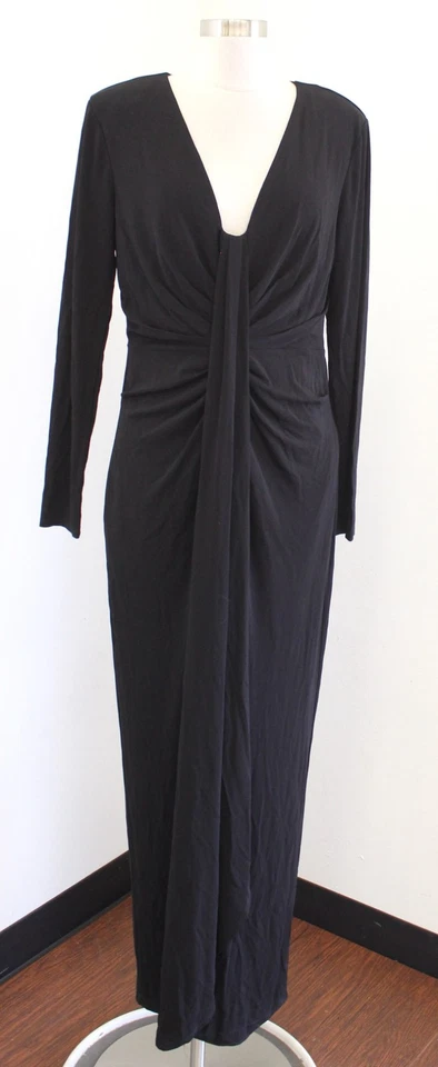 Maxi Vestido de Noche White House Black Market Jersey Drapeado Cuello en V Negro 12 Foto 1 de 4