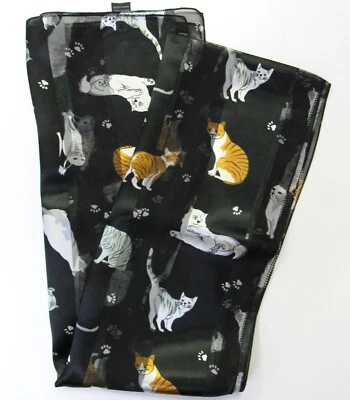 女式黑色长丝绸感觉围巾带小猫印花新品 — 第 1/3 张图片