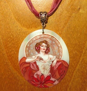 Pendant MUCHA RED RUBY Precious Stones Series signed UNIQUE hand painted SHELL - Picture 1 of 4