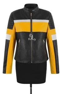 Ladies Racer Real Leather Jacket Black Yellow Classic Fashion Biker Style Jacket - Picture 1 of 6