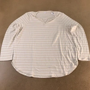 GAP Women's Size XXL Beige Stripe Long Sleeve V Neck Cozy Zen Round Hem Tee NWT - Picture 1 of 9