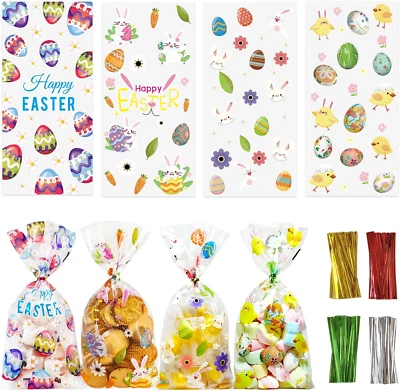Пасхальные пакеты для угощений 100 шт.: прозрачные пасхальные целлофановые пакеты с завязками для C - Изображение 1 из 4