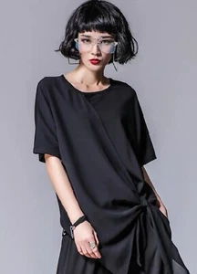 Black Floaty Edgy Urban Designer dressy top soft Loose Summer T Shirt Blouse  10 - Picture 1 of 12
