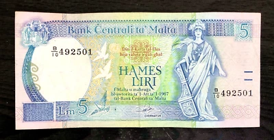 1994 MALTA - 5 LIRI - VF+ - EZSA1 - Image 1 of 2