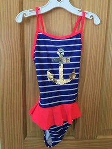 NWT Cat and Jack Girls Swimsuit Flip Sequins 6/6x Blue coral Stripe UPF 50+ - Picture 1 of 1