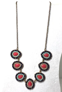 ETC! Faux Gemstone Necklace 7 Stations Teardrop Panels Black Blue Red Clear - Picture 1 of 6