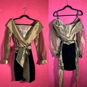 VTG 90's Karen Lucas for NIKI Medium Holiday Dress Sheer Sleeves Gold and Black - Picture 1 of 15