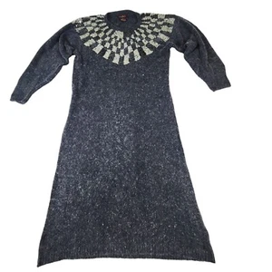 Midi Dress L Silk Gray Angora Knit Pullover Embellished Yoke Sequin Vintage - Picture 1 of 10