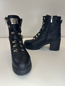 GUESS Canaly Lug Sole Block Heel Combat Boots Black Women Sz 10  Buckle Accent