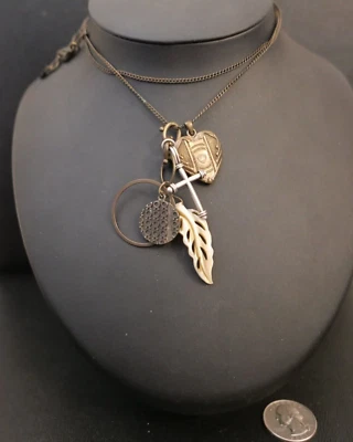 Colar Lucky Brand Boho Bronze Pena Cruz Coração Pingentes Tom 25" - Imagem 1 de 3