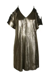 Rachel Rachel Roy Metallic Gold Black Lace Trim Cold-Shoulder Shift Dress XS - Picture 1 of 3