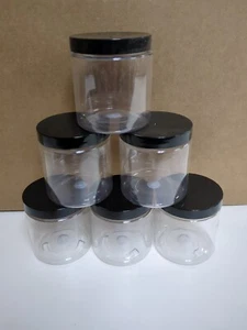 Six  8 oz clear plastic jars with black lids - Picture 1 of 1