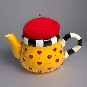 Mary Engelbreit Trinket Box Fabric Pin Cushion Tea Pot Heart Pins 3x3x3 Inches - Picture 1 of 6