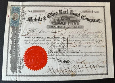 1872 MOBILE & OHIO RAILROAD CO.  Stock R112 Revenue Stamp Alabama KY TN MS - Image 1 of 4