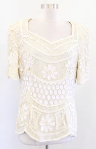 Camicetta top vintage panna beige perla floreale seta perline paillettes sera festa taglia L - Foto 1 di 8