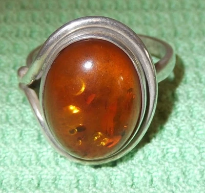 Anello Donna - 925er Argento Sterling - Misura 58 - 5,2 Grammi - con Un Ambra - Immagine 1 di 4