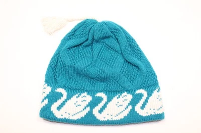 Gorro con estampado de cisne azul blanco tejido a mano por Shirley Lanpher Waterville VT Foto 1 de 4