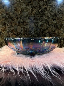 VINTAGE Carnival Glass Blue Iridescent Harvest Etched Footed Fruit Bowl - Picture 1 of 3