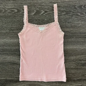 Vintage Y2K 90s Old Navy Light Baby Pink Lace Trim Ribbed Layering Tank Top XXS - Picture 1 of 9