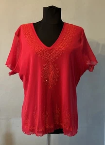 Classics Red Beaded Sequin Lined Top Size 20 Short Sleeve - Picture 1 of 5