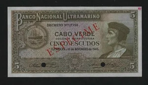 Portugal PORTUGUESE CAPE VERDE 5 escudos 1945 P-41s SPECIMEN GEM UNC RARE - Picture 1 of 2