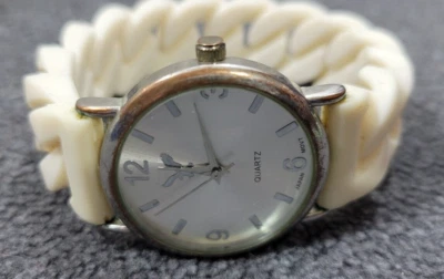 American Eagle White Rubber Corded Look Stretch Cuff Silver Face Womens Watch - Image 1 of 4