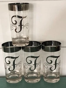 Vintage Dorothy Thorpe Highball Cocktail Glas Set 4 Monogramm Initial F Silber - Bild 1 von 2