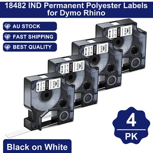 4PK 18482 Black on White Permanent Poly Tape Label for Dymo Rhino 4200 9MM 5.5M - Picture 1 of 11
