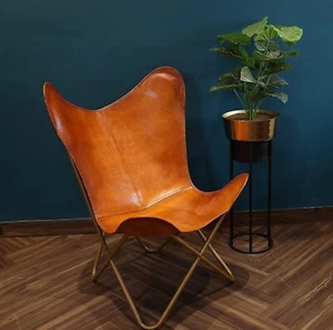 Silla Mariposa Hecha a Mano Cuero Marrón de Alta Calidad con Soporte de Hierro Plegable - Imagen 1 de 6