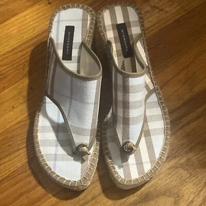Burberry Wedge Espadrille Sandal Thong Heel Blue Beige Nova Plaid Slip On 38 7.5 - Picture 1 of 12