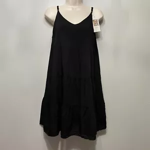 Mujer Vestido Cintura Imperio Negro Cuello en V Niveles Verano Correa de Espagueti Viscosa Pequeño - Imagen 1 de 10