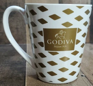 GODIVA CHOCOLATIER CUP MUG COFFEE TEA HOUNDSTOOTH GOLD WHITE - Picture 1 of 7