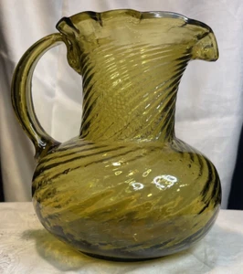 Vintage Yellow/amber Hand Blown Handled Pitcher With Swirl Design Line Hand Blow - Picture 1 of 12