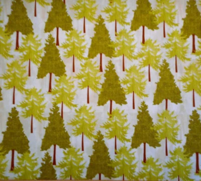 Christmas Fabric 1 Yard Rows of Green Pine Trees on Cream Cotton #14 - Image 1 of 2