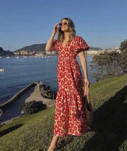 ABITO POPLIN STAMPATO FLOREALE NUOVO CON ETICHETTE_ZARA DONNA MIDI ROSSO ARRICCIATO SS22 8342/314_XS-2XL - Foto 1 di 13