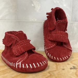 BABY INFANT SIZE 2 MINNETONKA Burgundy SUEDE LEATHER MOCCASIN SHOES Unisex - Picture 1 of 16