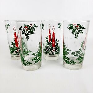 Vintage MCM 4 pc Christmas Advent Candles & Holly Berries Tumblers Glasses
