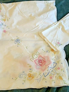 Vtg Tablecloth & Napkin Set Cotton Appliqué Embroidery 80x60 w 7 Napkins Floral - Picture 1 of 11