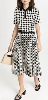 Vestido Polo Tory Burch Jaquard Midi Negro Blanco Lunares Cinturón Plisado Línea A Talla M Foto 1 de 4