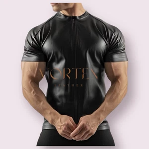 Men Black Genuine Cowhide Leather Motorcycle Short Sleeves Concealed Biker Shirt - Picture 1 of 3