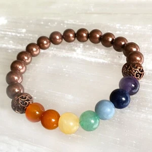 Copper 7 Chakra Crystal Bracelet Adjustable Stretchy 8 mm Beaded Gemstone Healin - Picture 1 of 6