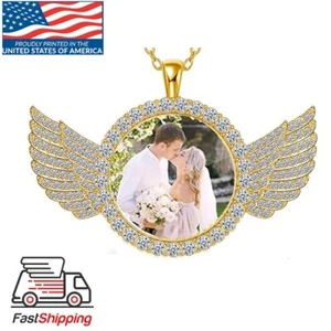 Personalized Photo Necklace Rhinestone Angel Wing Pendant with Glass Protection - Picture 1 of 4