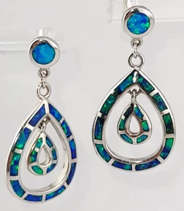 Black Lab Opal Double Teardrop Chandelier Dangle Sterling Silver Earrings 1 3/8" - Picture 1 of 11
