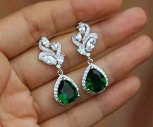 Fancy Drop/Dangle Earring 2Ct Pear Cut Lab Created Emerald 14K White Gold Plated - Picture 1 of 5