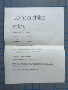 Lucinda Childs Philip Glass Sol Lewitt the Kitchen Dance 1978 Program - Picture 1 of 2